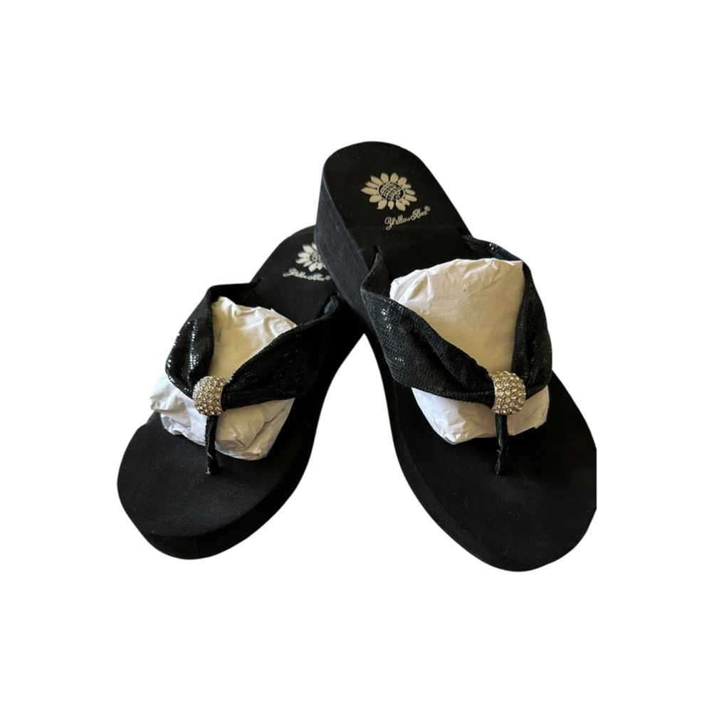 Women's Yellow Box Black Wedge Flip Flop Sandals Size 8 with Rhinestones - Picture 10 of 10
